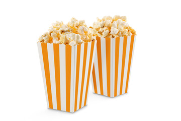 Two yellow white striped carton buckets with tasty cheese popcorn, isolated on transparent background, PNG. Movies, cinema and entertainment concept.