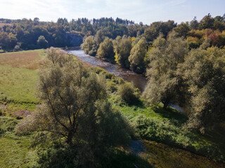 Aerial view of Vit river, passing near village of Aglen, Bulgaria