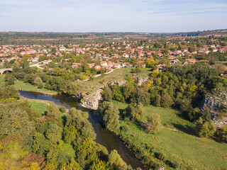 Obraz premium Aerial view of Vit river, passing near village of Aglen, Bulgaria