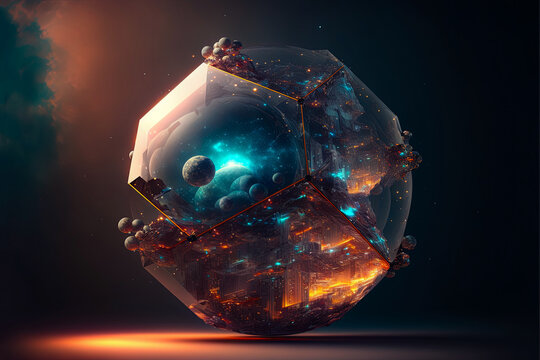 Polygonal glass space ball. Space capsule with nebula and stars, neon light. AI