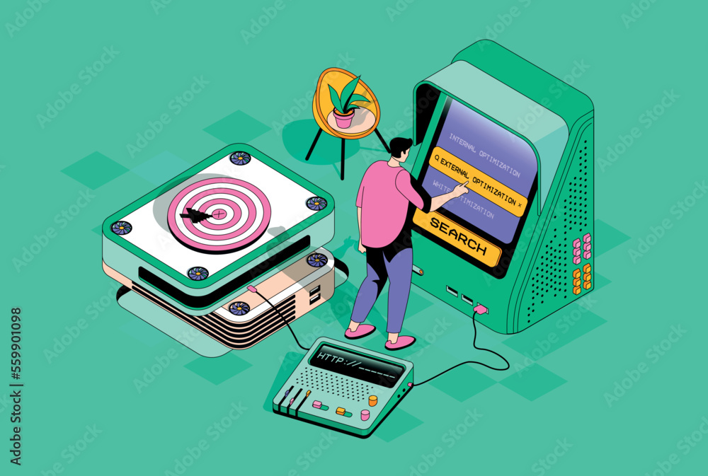 Poster Seo optimization concept in 3d isometric design. Man analyzing data and keywords, settings and optimizes site for popular search queries. Vector isometry illustration with people scene for web graphic