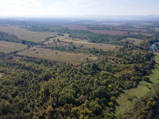 Aerial view of Vit river, passing near village of Aglen, Bulgaria