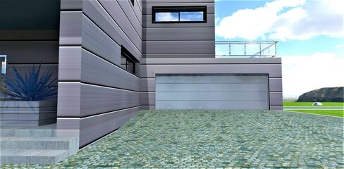 Closed garage inside a country house with an aluminum facade. Paving stones made of natural granite before leaving. 3d rendering.