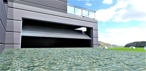 Granite pavers in front of the opening gate to the dark garage of a modern house overlooking a green meadow and a mountain valley. 3d rendering.