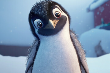 Cute baby penguin in snow 3D render, Generative AI