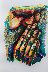 Abstract portrait of a sad old man drawing with felt-tip pens. A modern portrait of a grandfather who bowed his head and folded his hands to pray