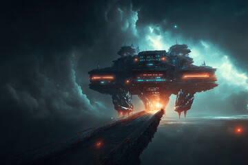 Sci-fi space background with giant platform. Science and technology platform on a galactic planet, stars, nebulae, night view, space. Scientific space architecture, neon light. AI