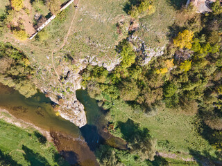 Aerial view of Vit river, passing near village of Aglen, Bulgaria