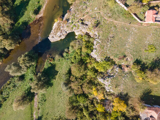 Aerial view of Vit river, passing near village of Aglen, Bulgaria
