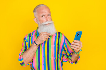 Portrait of serious old man with long beard wear colorful shirt instagram telegram facebook twitter...