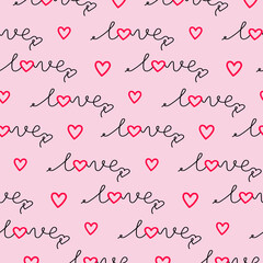 Seamless pattern with the inscription love on a pink background with hearts. Festive vector illustration. A handwritten word in a pattern. Template for packaging, fabrics.