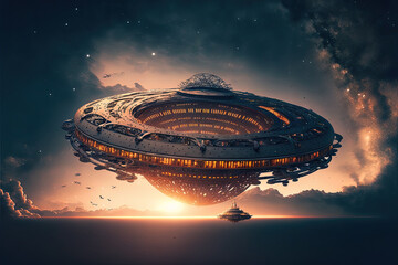 Intergalactic station, disk-shaped space platform. Science and technology platform on a galactic planet, stars, nebulae, night view, space. Scientific space architecture, neon light. AI