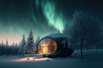 Northern lights at the edge of the north. A small house in the forest with a view of the bright northern lights. Winter night forest landscape, neon light, sunset, glow. AI