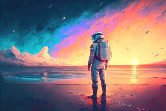 Astronaut on the beach with a view of the planets