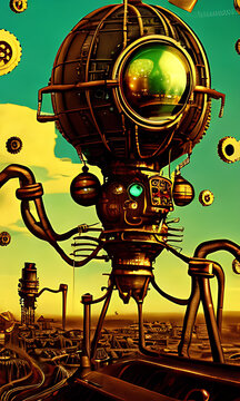 Generative AI, weidcore based vivid impact images depicting steampunk and clockpunk retro styled sci fi scenes