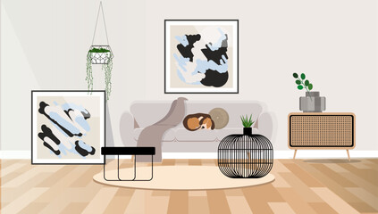Stylish and scandinavian living room interior of modern apartment with gray sofa, abstract paintings on the wall. 