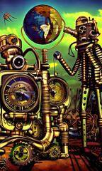 : Generative AI, weirdcore based vivid impact images depicting steampunk and clockpunk retro styled sci fi scenes
