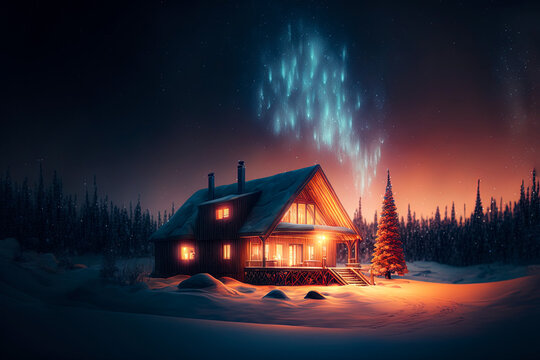 Northern lights at the edge of the north. A small house in the forest with a view of the bright northern lights. Winter night forest landscape, neon light, sunset, glow. AI