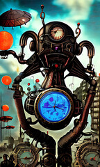 : Generative AI, weirdcore based vivid impact images depicting steampunk and clockpunk retro styled sci fi scenes
