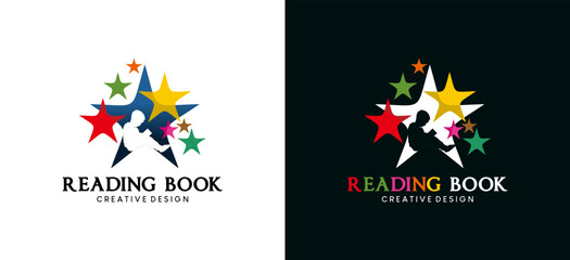 Children reading book with colorful stars for education logo design