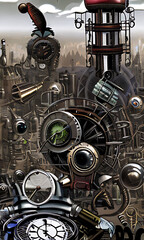 : Generative AI, weirdcore based vivid impact images depicting steampunk and clockpunk retro styled sci fi scenes
