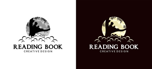Children reading book on tree with moon background for education logo design