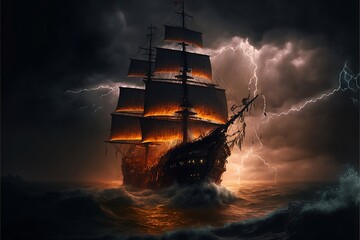 Naklejka premium Pirate Ship in a Stormy Ocean with Lightning at Night - Horror-Inspired Illustration Generated by Artificial Intelligence