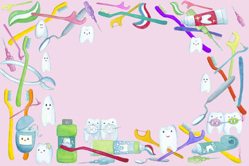 Teeth and toothbrushes frame on pink. Clean teeth. Tooth cartoon characters.