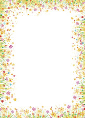 Litttle meadow flowers blossoms frame, isolated on white.