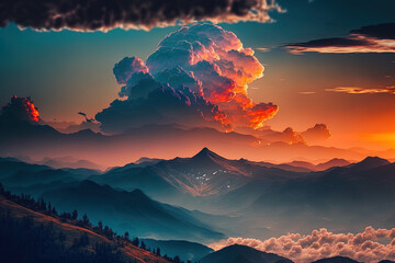 Beautiful mountains and sunset with cumulus clouds. Generative AI