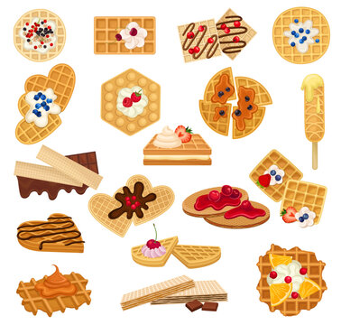 Delicious Crispy Waffles and Wafer Dessert with Berry, Cream and Chocolate Big Vector Set
