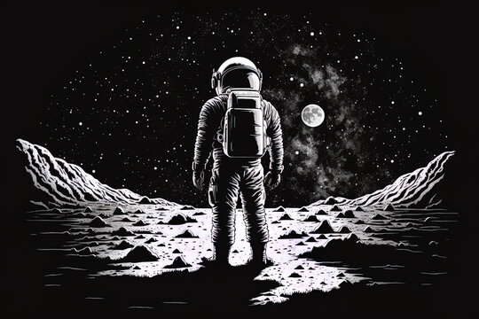 Spacesuit Clad Astronaut Stands Alone On The Surface Of The Moon And Gazing Up At The Night Sky. Exploring A Planet Or Other Astronomical Body While On A Mission. Hand Drawn Drawing In Black And White