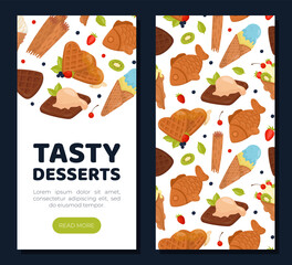 Tasty desserts mobile app template. Crispy waffles landing page, card, menu, leaflet, flyer with delicious desserts seamless pattern cartoon vector