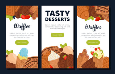 Tasty desserts mobile app templates set. Crispy waffles landing page, web banner with delicious desserts seamless pattern cartoon vector