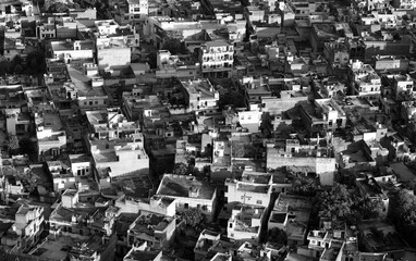 Cityscape of Jaipur in monochrome, Homes are typically built with brick and concrete material.