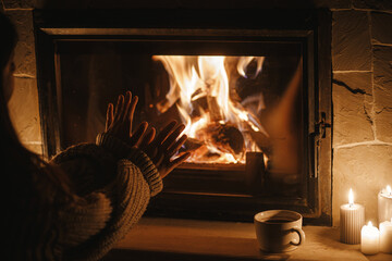 Woman hands warming up at cozy fireplace in dark evening room, close up. Fireplace heating in...