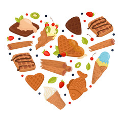 Waffles in heart shape. Tasty desserts with cream, berries and fruits for breakfast menu banner, poster, card design template cartoon vector