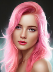 Fototapeta premium Portrait painting of a beautiful woman. Illustration of a beautiful girl with pink hair. Generative AI
