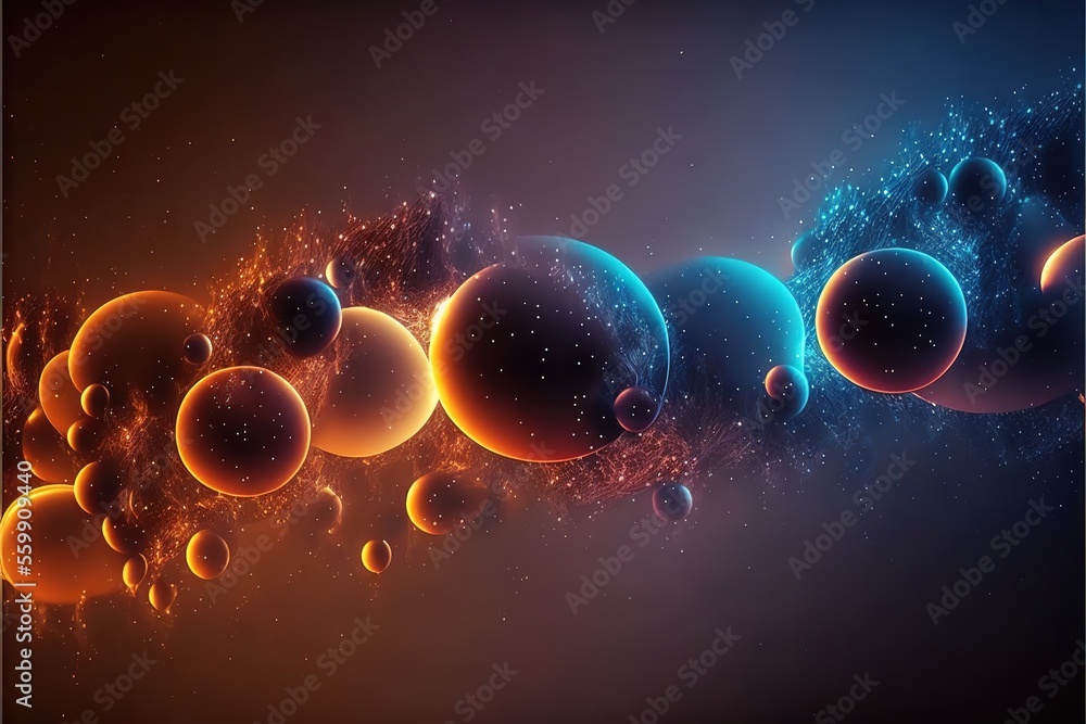 Poster a group of planets with a dark background and a blue and orange background with a black border and a
