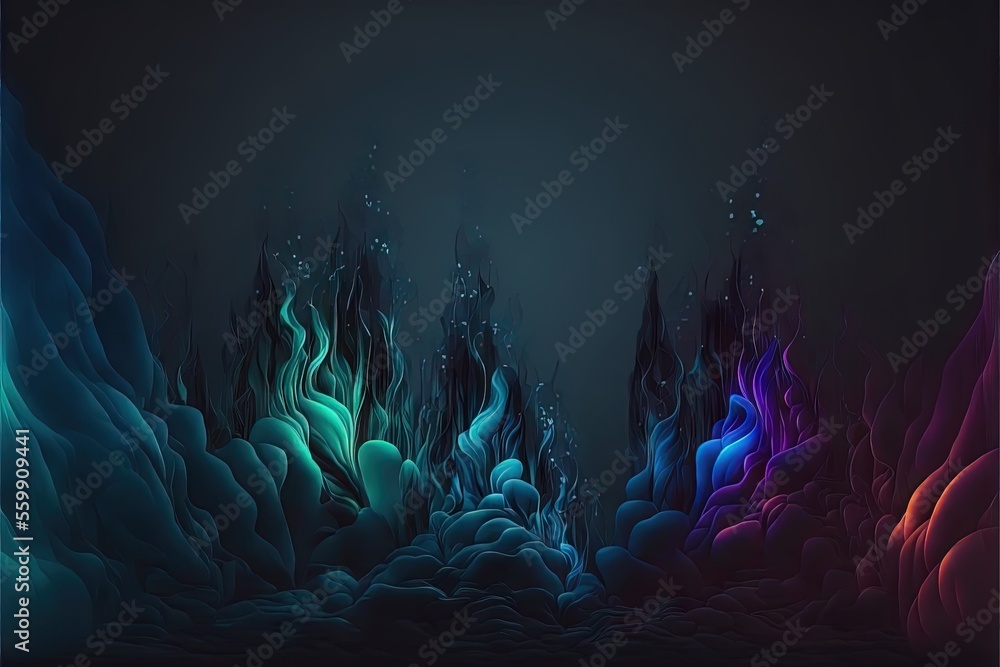 Poster a painting of a forest with a lot of trees and rocks in the background, and a dark sky with stars an
