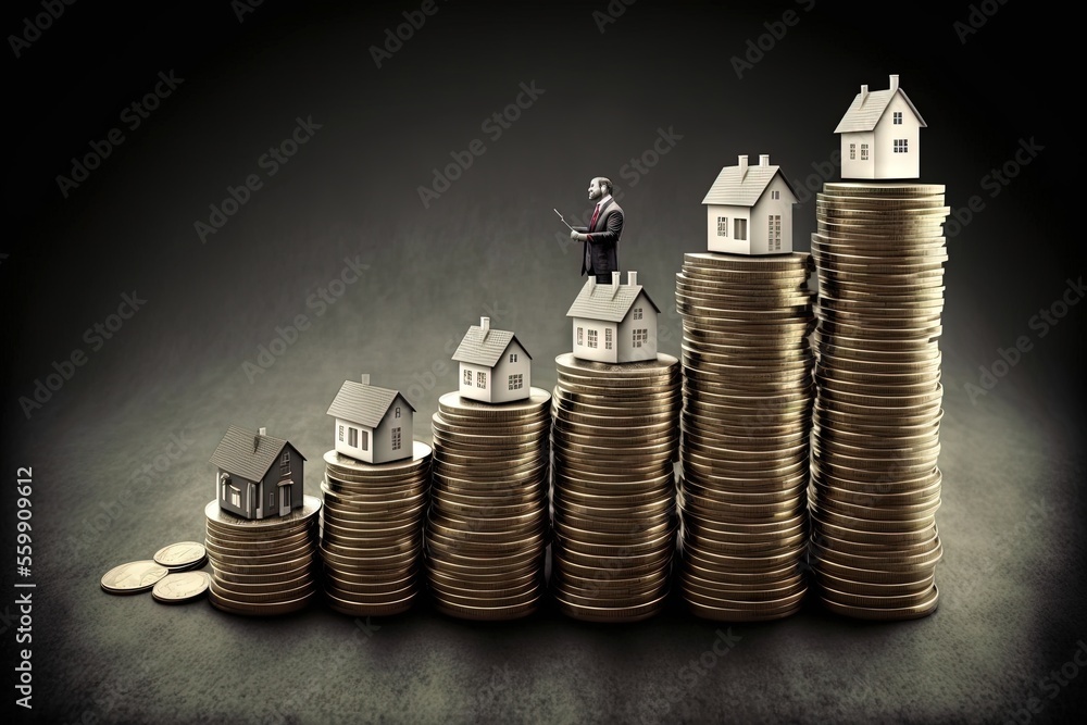 Poster a man standing on top of a stack of coins with houses on top of it and a pile of coins below him wit