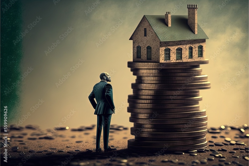 Poster a man standing in front of a stack of coins with a house on top of it, with a man in a suit standing