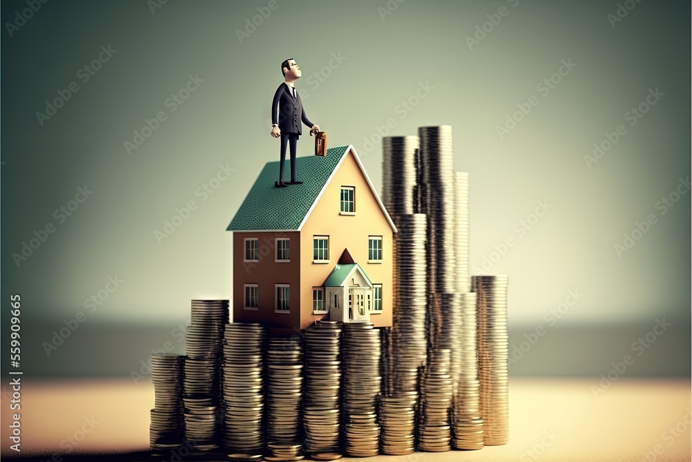 Poster a man standing on top of a pile of coins with a house on top of it and stacks of coins below him in 