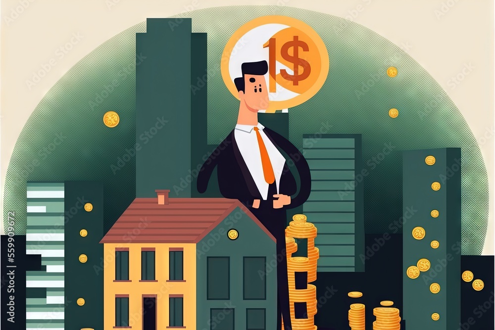 Poster a man holding a coin and standing in front of a house with stacks of coins in front of him and a bui