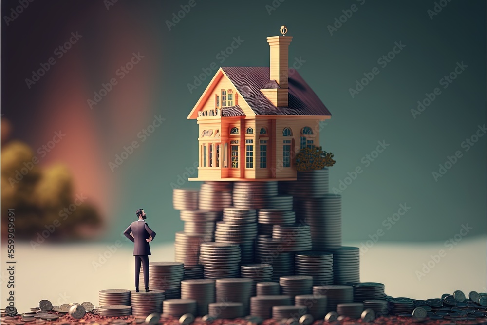 Poster a man standing on top of stacks of coins next to a house on top of a pile of coins with a sky backgr