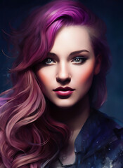 Portrait painting of a beautiful woman. Illustration of a beautiful girl with purple hair. Generative AI