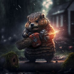 Evil Creepy Beaver with Chainsaw in Hands - Illustration Generated by Artificial Intelligence - obrazy, fototapety, plakaty
