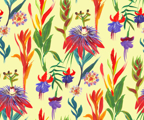 bright seamless pattern with multicolored tropical flowers and leaves for summer textile 