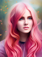 Fototapeta premium Portrait painting of a beautiful woman. Illustration of a beautiful girl with pink hair. Generative AI