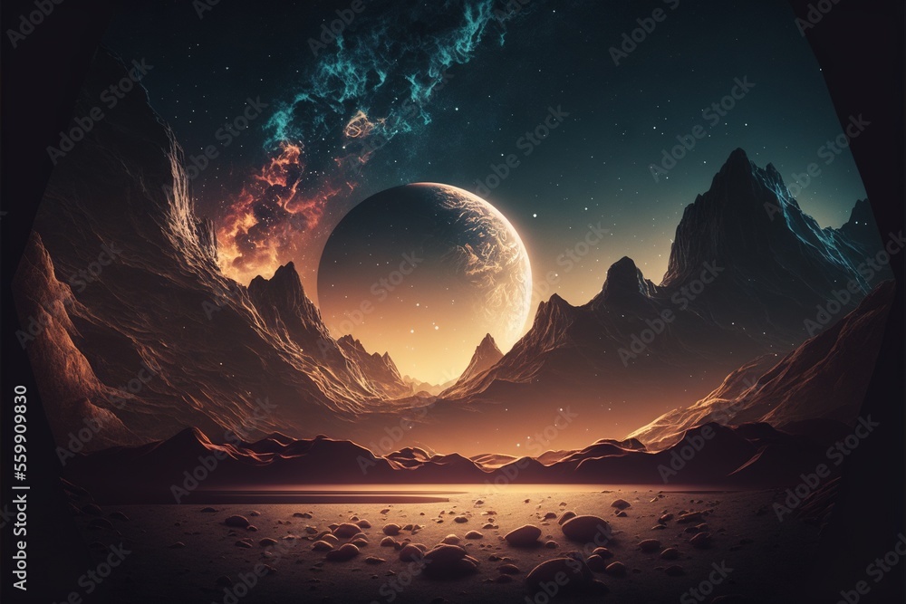 Poster a planet with mountains and a sky with stars and a moon in the background with a distant star in the